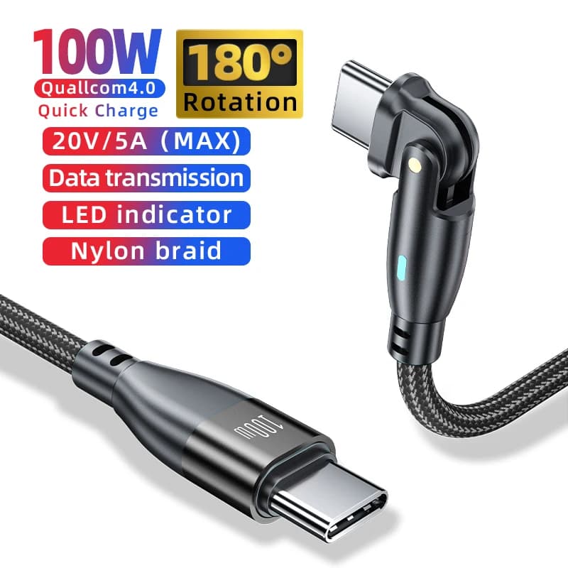 Cavo USB-C a Type-C con Rotazione a 180 Gradi, PD 100W, Ricarica Rapida 5A, Cavo Dati per Macbook Samsung Xiaomi iPhone 17 16 15Promax