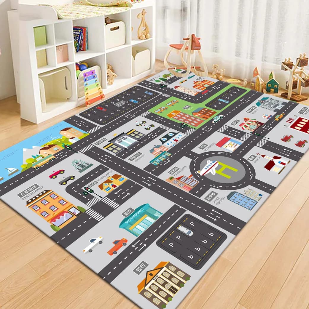 VIKAMA City Road Map Kids Play Rug, Cartoon Town Parking Lot Non-Slip Washable Toddler Crawling Floor Mat