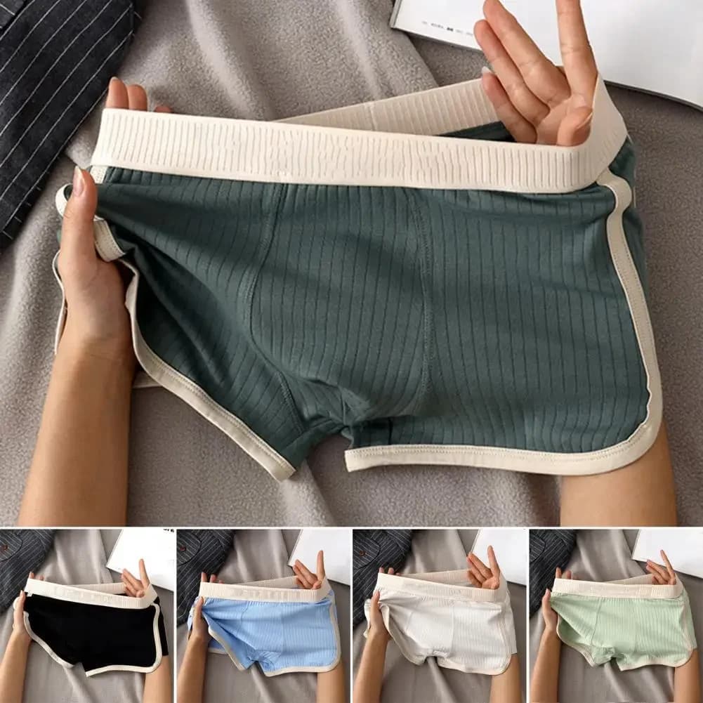 2pcs Men Boxer Underwear Mid-rise Elastic Waistband U-Convex Shorts Briefs Patchwork Color Ribbed Underwear Pantalones Hombres