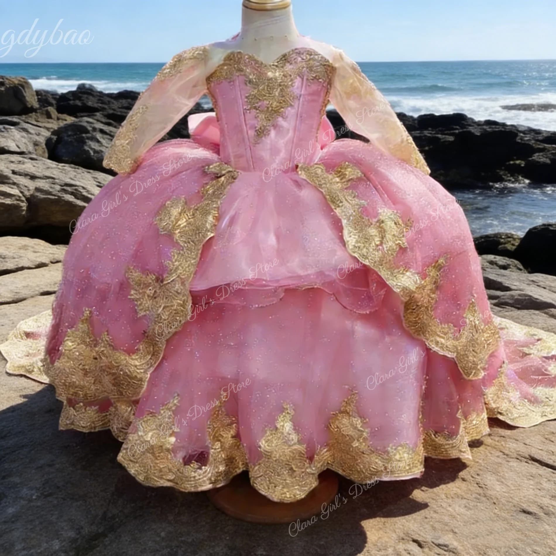 Abito da ragazza di fiore rosa personalizzato a maniche lunghe con applicazioni dorate Adatto per matrimoni Feste di compleanno per bambini Principessa