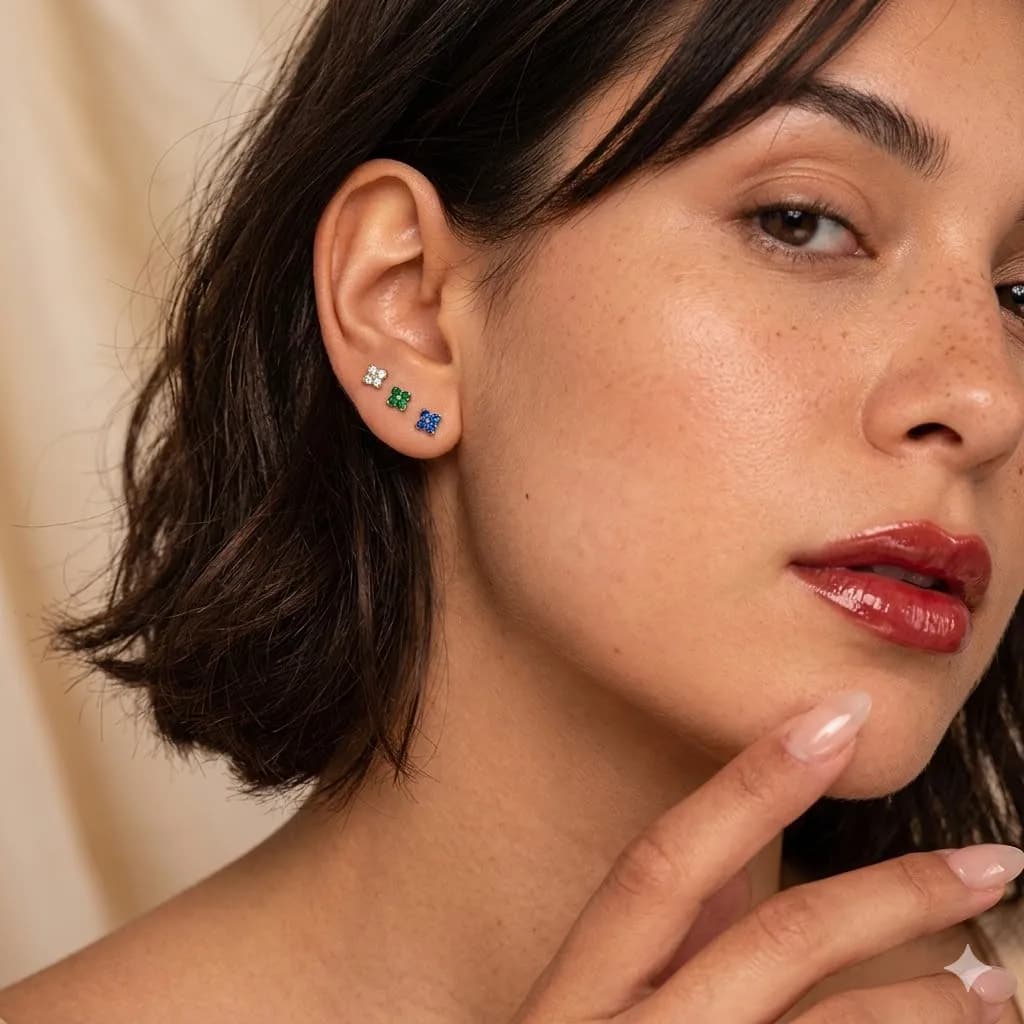 Orecchini a Fiore con Diamanti da 5MM St-Delan per Donna, Anello con Pietra Portafortuna in Acciaio Inossidabile, Orecchini a Perno Rotondi Unici, Gioielli alla Moda da Regalo