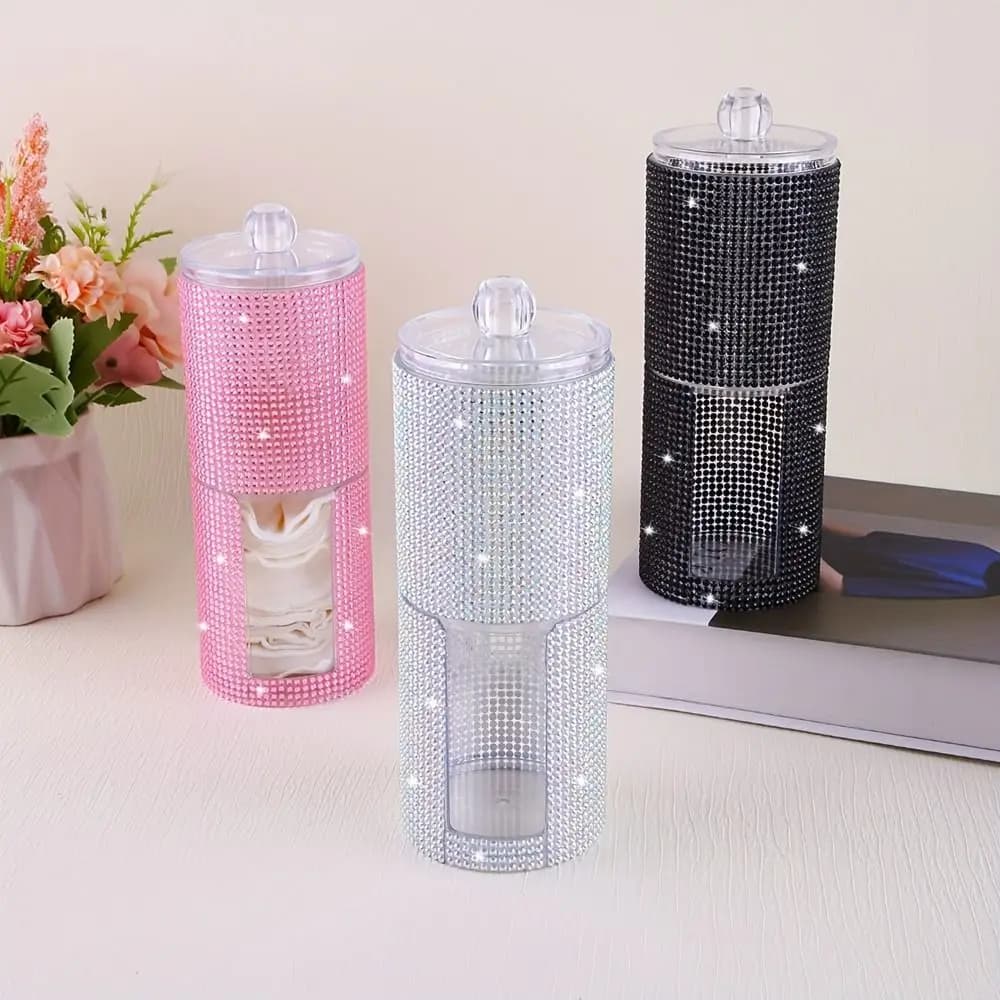 2 in 1 Diamond-Studded Storage Box Round Large Capacity Cotton Swab Storage Box with Lid Plastic Sundries Storage Box