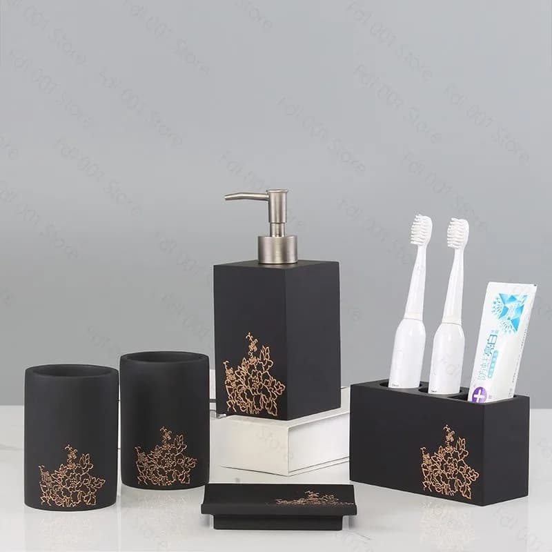 European‑Style Resin Peony Bathroom Accessory 5‑Piece Set Toothbrush Holder Rinse Cup Bathroom Wash Kit