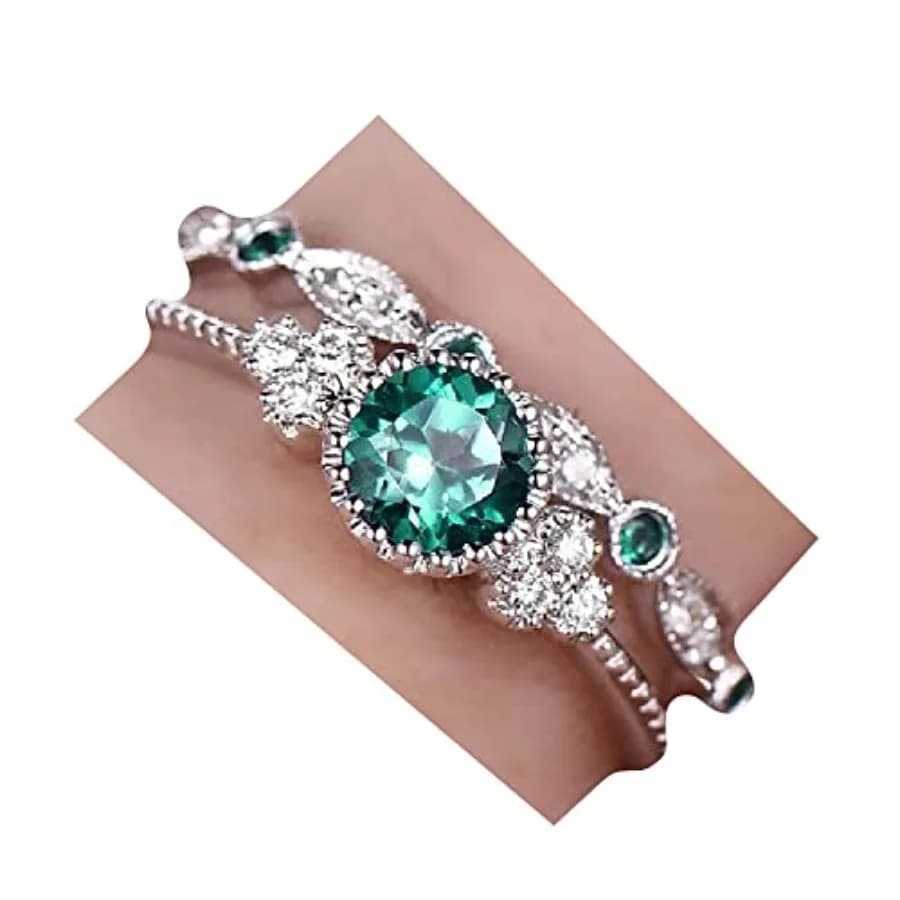 Anello di Fidanzamento Classico in Argento Sterling 925 con Smeraldo Naturale e Zirconia Cubica Taglio Rotondo, Set da 2 Pezzi