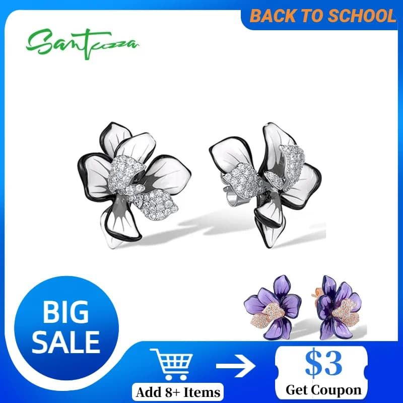 SANTUZZA Pure 925 Sterling Silver Stud Earrings For Women Sparkling Purple & White Enamel Flower Wedding Chic Party Fine Jewelry