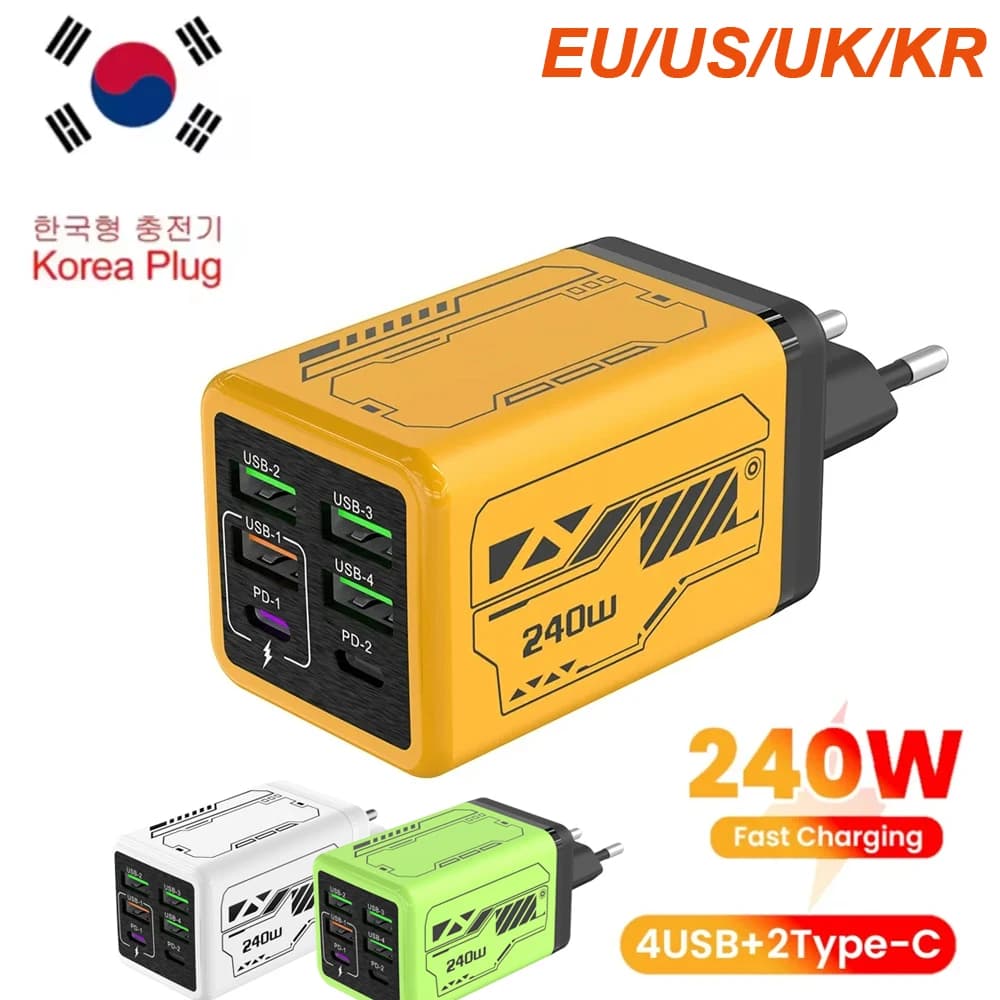 240W USB Charger 6 Ports USB Type C Super Fast Charging Mobile Phone Power Adapter USB QC3.0 For iPhone Samsung EU/UK/US/KR Plug