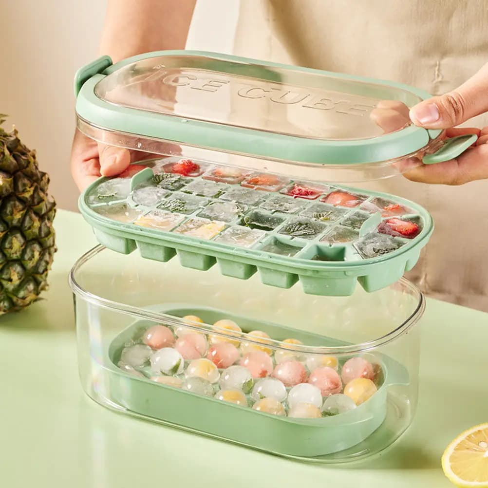 Stampo per Cubetti di Ghiaccio in Silicone con Coperchio e Contenitore, Facile da Sgusciare, Antiaderente, per Succhi, Zuppe, Acqua, Bevande, Vino