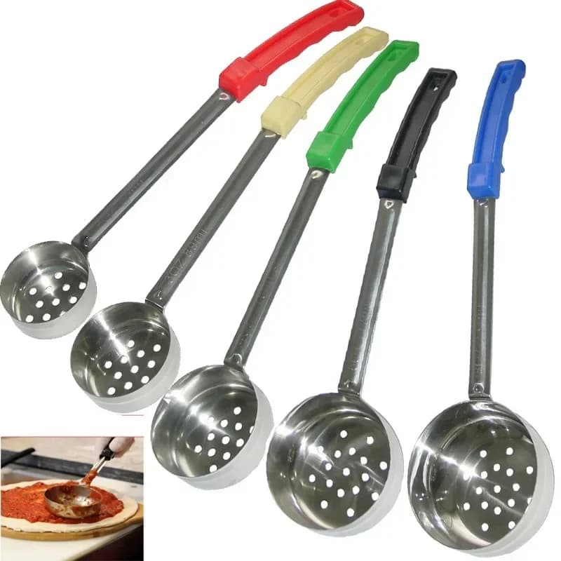 Cucchiaio per salsa per pizza in acciaio inossidabile con manico lungo in gomma Mestolo per pizza anti-caldo Cucchiaio dosatore Cucchiaio per salsa Strumenti per pizza