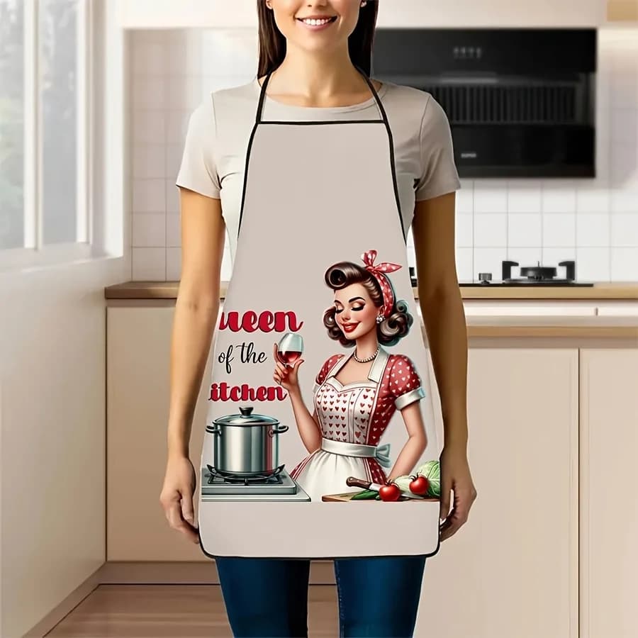 Grembiule da Cucina Regina della Cucina, Stile Retro Pin-Up, Motivo Vintage da Casalinga con Bicchiere di Vino, Disponibile in Diverse Taglie