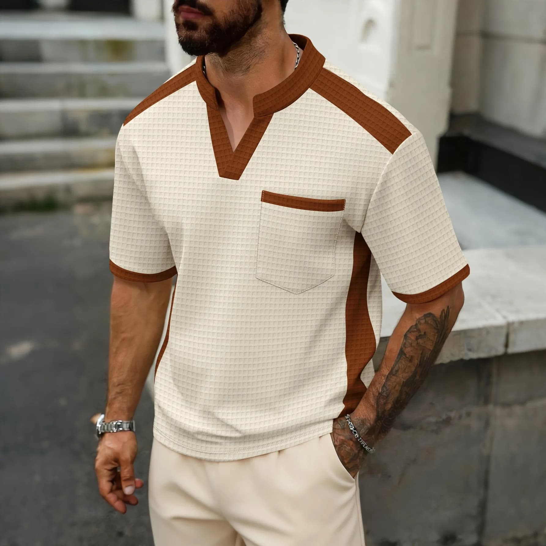 Nuova Camicia Polo in Tessuto Waffle 2026, Leggera con Tasca Applicata e Cuciture a Contrasto, per l'Estate