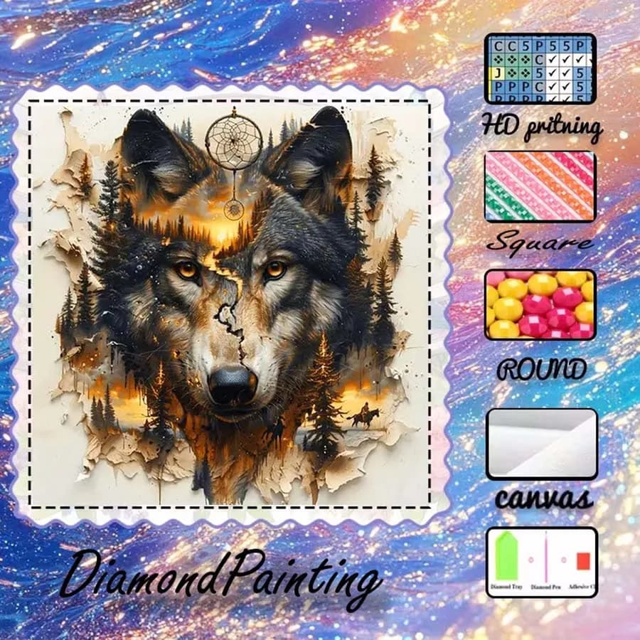 1 piece 5D DIY flocking cloth, special drill, diamond painting kit, wolf, dream catcher, pattern mosaic, diamond art