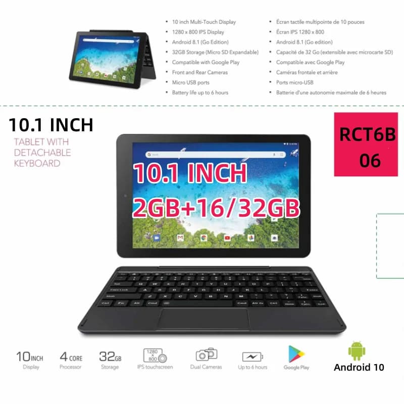 New RCT6B06 Tablet 2 in 1 from 10.1 inch 2GB RAM 32GB ROM Google Android 9 Quad Core with Touchscreen and detachable keyboard