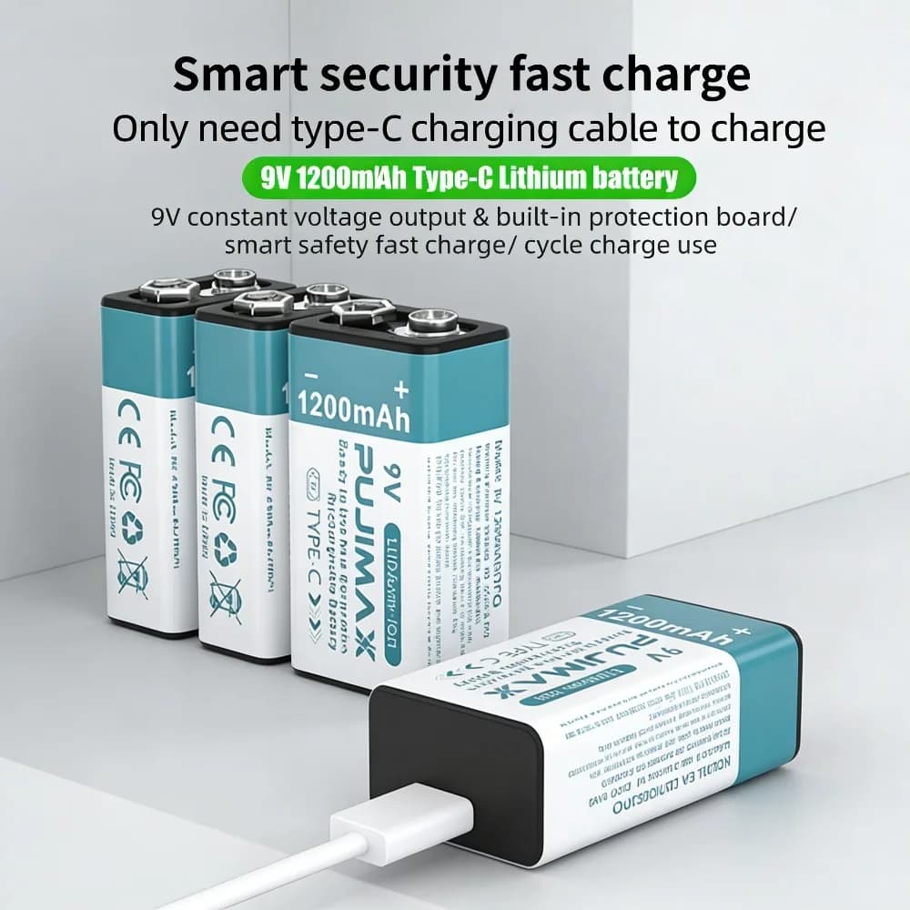 Nuova Batteria al Litio Ricaricabile 9V 1200mAh con USB Tipo-C per Multimetro, Rilevatore di Fumo, Modellini di Elicotteri