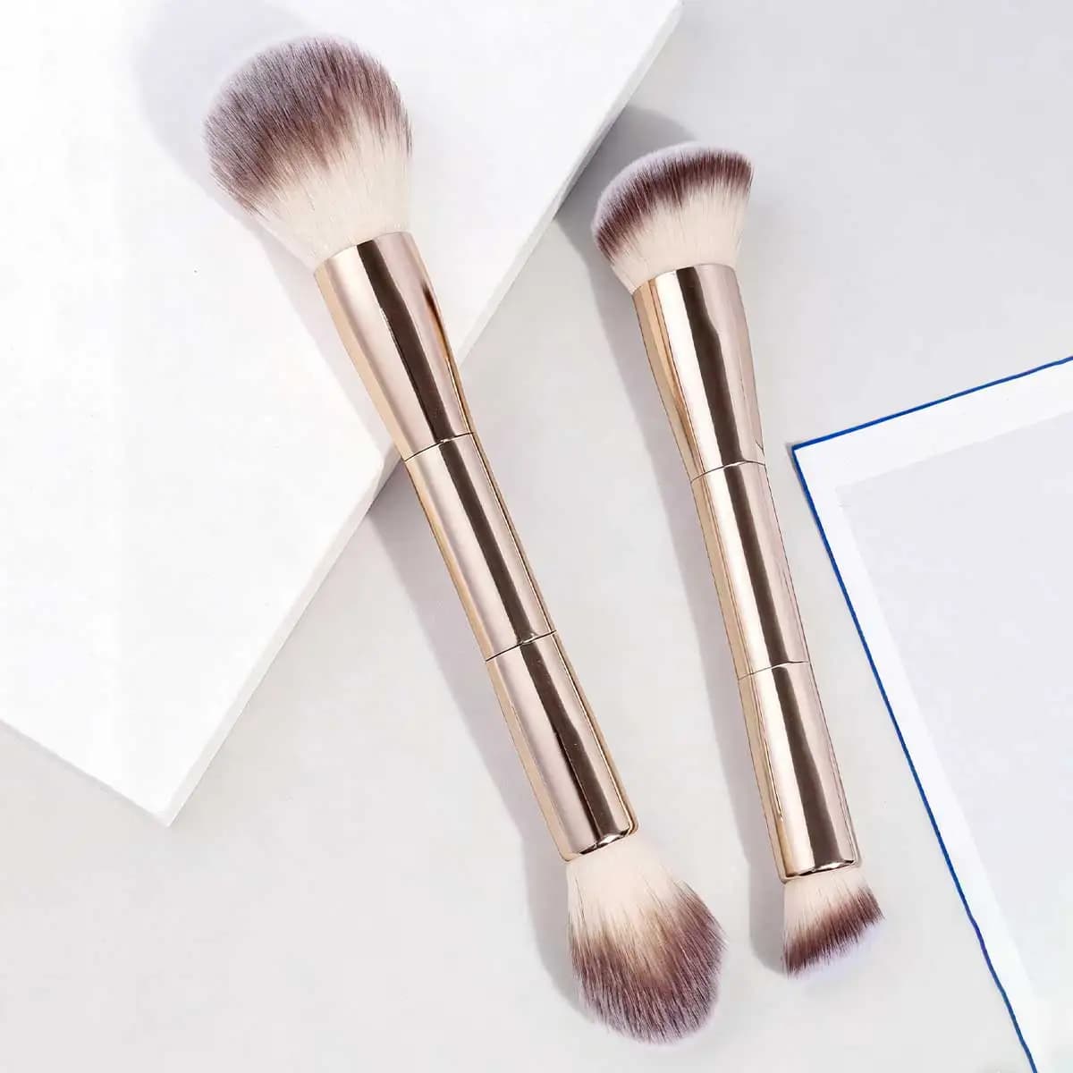 Set di pennelli professionali per trucco viso a doppia testa da 2 pezzi, pennello per cipria, pennello per fard, strumenti per trucco con fibra morbida per un facile trasporto, BP
