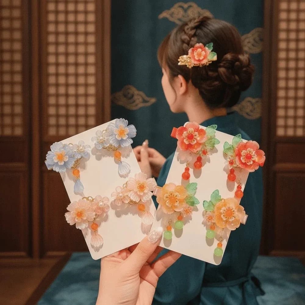 Chinese Jewelry Vintage Hanfu Headwear Traditional Floral Tassel Hair Clips Fringe Handmade Bunny Headpiece Gift