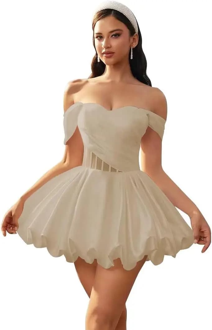 Off Shoulder Bubble Homecoming Dresses A Line Pleated HOCO Dress Short Dresses for Wedding Prom Dresses Graduation Dress