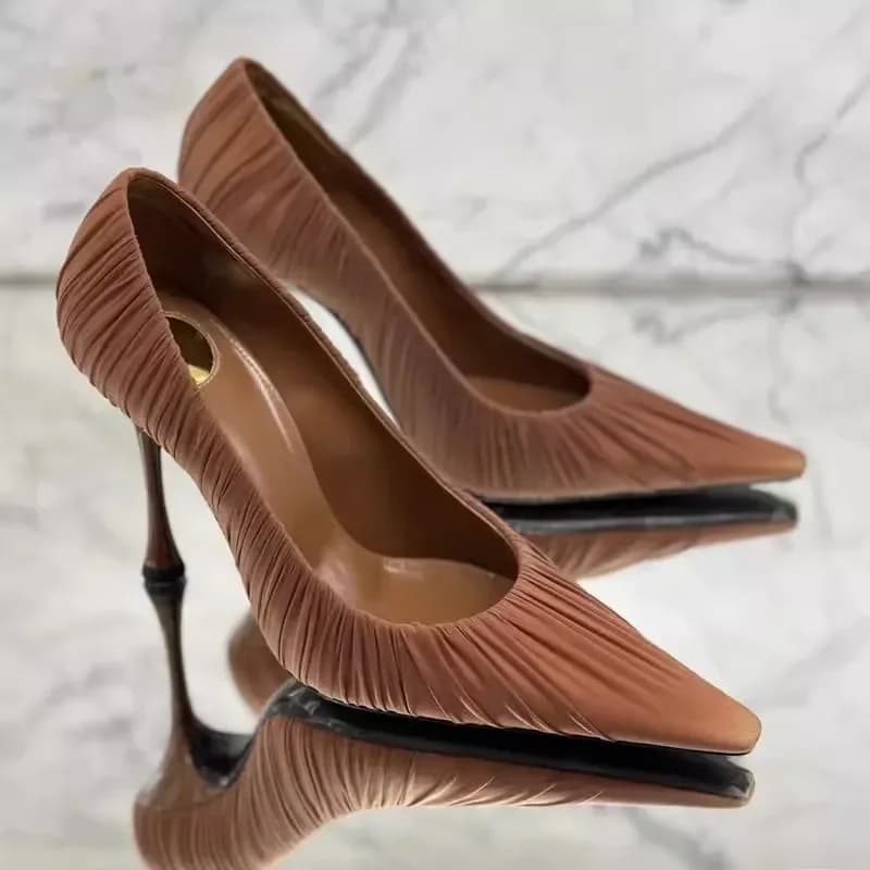 2025 Spring New French Pointy High Heels Single Shoes Women's Fine Heels Square Toe Retro Brown Wrinkle Shallow Mouth Pumps