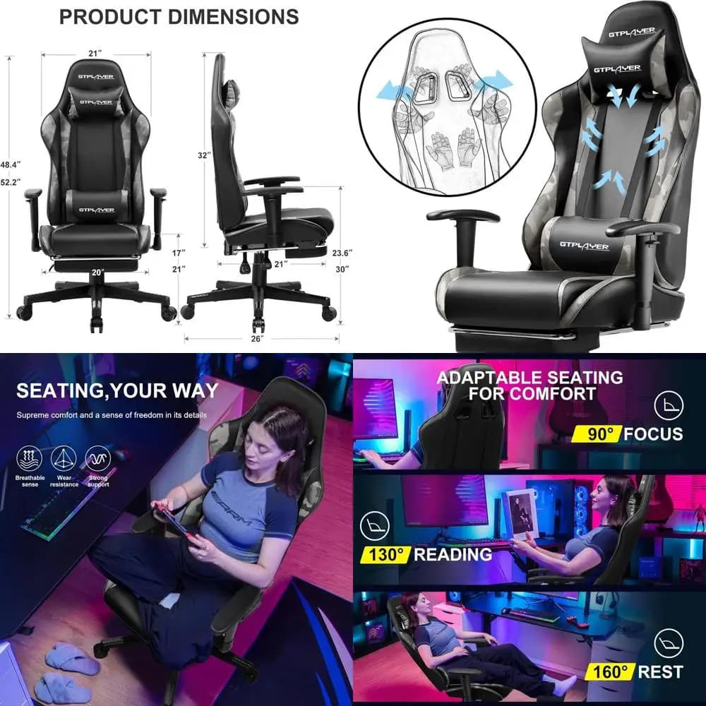 Sedia da Gaming Ergonomica Mimetica con Poggiapiedi, Seduta Reclinabile, Girevole, Supporto Lombare e Poggiatesta