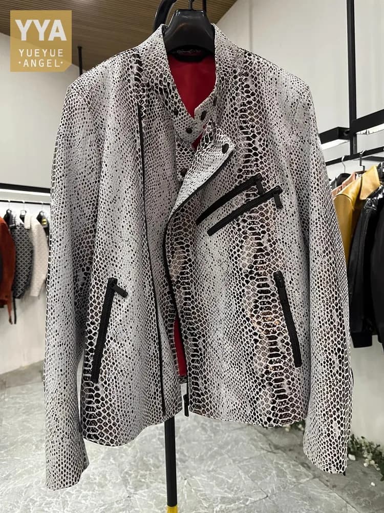 Giacca da moto in vera pelle da uomo Punk Slim Fit Fashion Stand Collar Zipper Snake Pattern cappotto corto in vera pelle di pecora maschile
