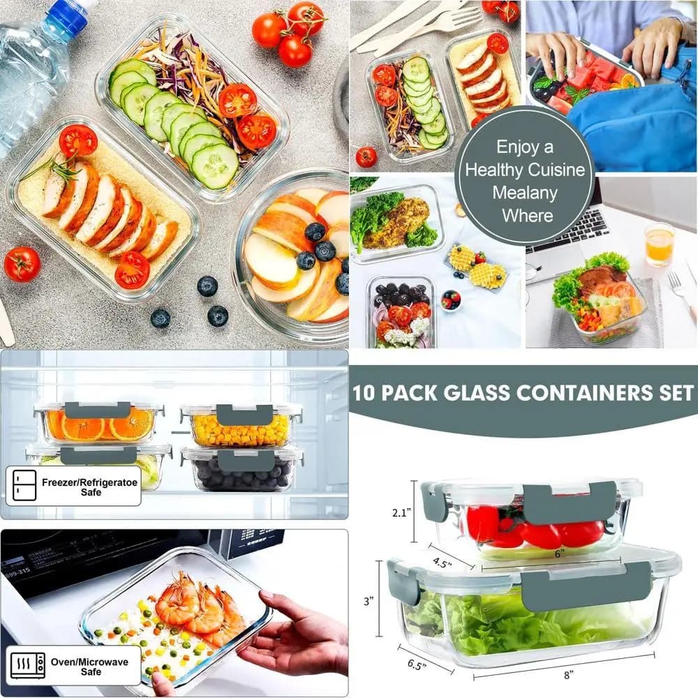 Set di 10 contenitori per la preparazione dei pasti in vetro senza BPA con coperchi, impilabili, ermetici, microonde, forno, congelatore e lavabili in lavastoviglie, Gre