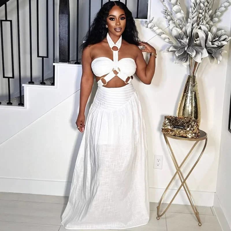 Set di maxi abiti sexy senza schienale con scollo all'americana Set da due pezzi da donna Completo da festival Y2K Fasciatura con top scavato e set coordinati con gonna lunga