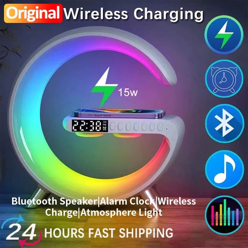 Small Wireless Charger RGB Smart Wireless Bluetooth Speakers Sunrise Alarm Clock and Wake-up Light 15 W Quick Charging Station