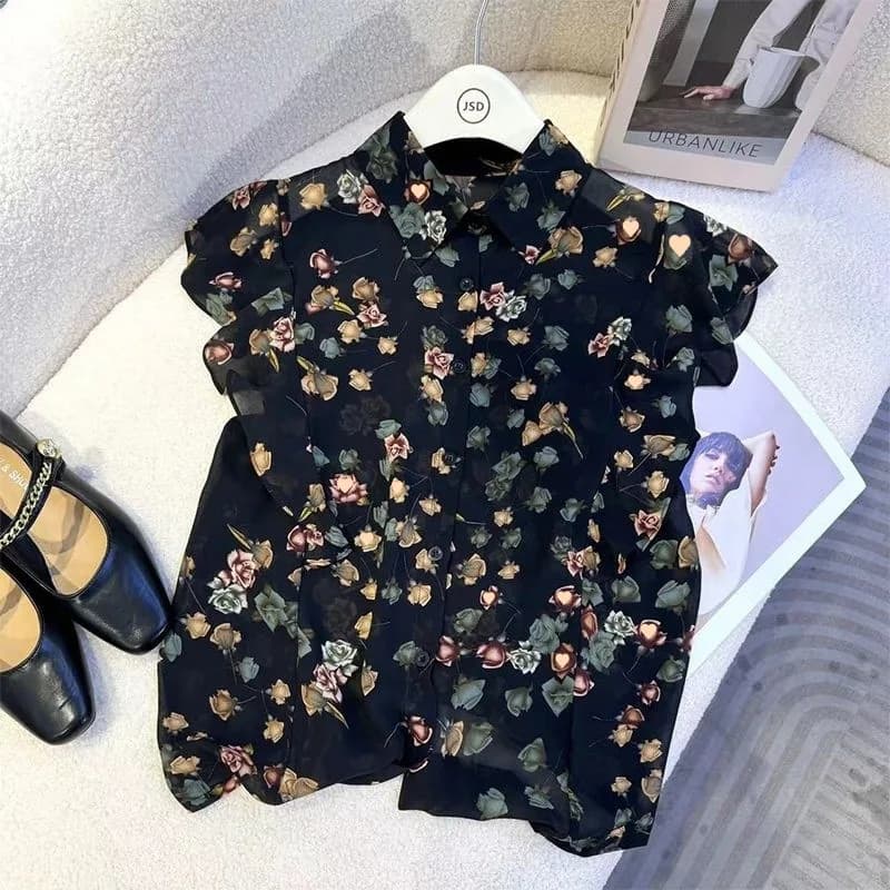 Womens Floral Print Chiffon Blouse Ruffle Sleeve Button Down Elegant Casual Top