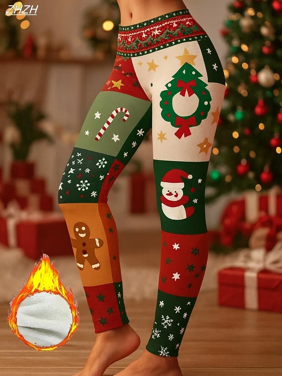 2025 Pantaloni da donna di Natale Leggings Vacanza Streetwear Pantaloni a figura intera Brutto Natale Fiocco di neve Termico Caldo Comodo Elastico