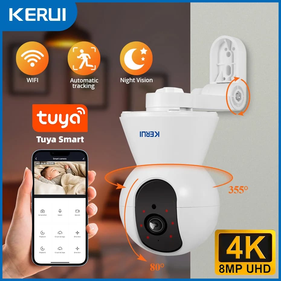 KERUI Indoor 4K HD Tuya Smart WiFi IP Camera Wireless 5MP 8MP Telecamera di sorveglianza CCTV di sicurezza domestica con staffe laterali