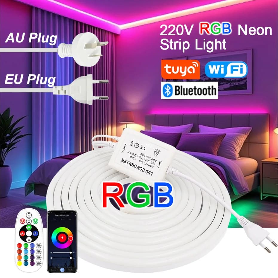 220V RGB LED Neon Strip with EU AU Power Plug Outdoor Waterproof Flexible LED Light Tape 1m-30m Remote/Bluetooth/Tuya Smart WiFi