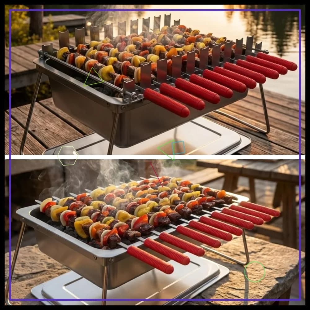 Griglia per Spiedini a Carbone con Altezza Regolabile, 10 Spiedini Quadrati e 10 Piatti, Set di Utensili per Barbecue