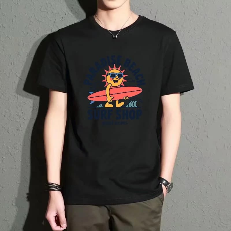 Men's Black Round-Neck Short-Sleeved T-Shirt, Fun Sun Surfing Print Casual Top, Everyday Street Style, Beach Vacation, Comfortable, Breathable, Trendy and Versatile