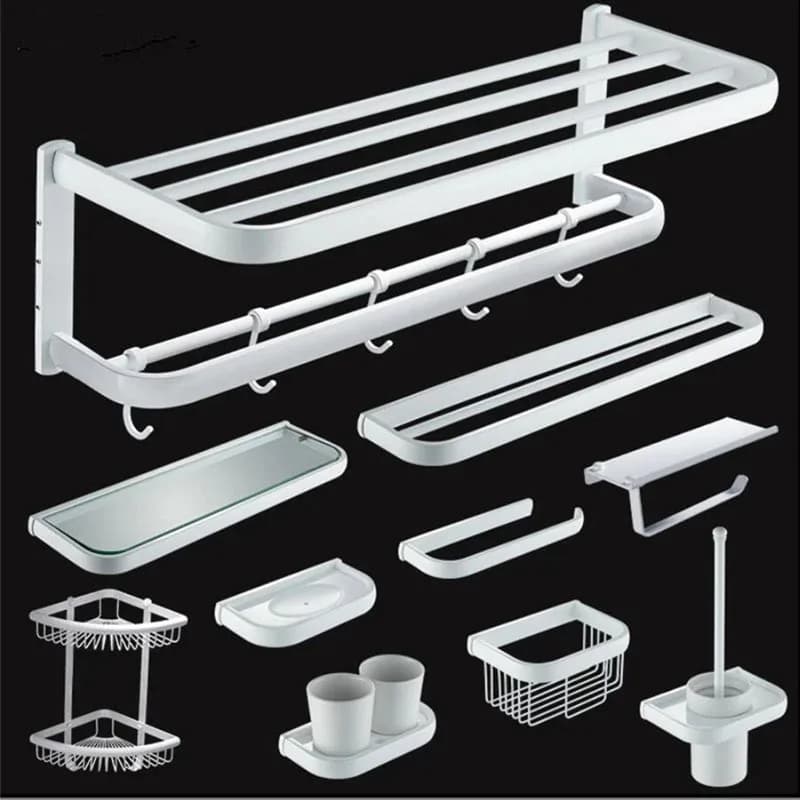 Set di accessori per il bagno Porta carta quadrato bianco Porta asciugamani Cestino per sapone Portasciugamani Mensola angolare Gancio Set di accessori per il bagno