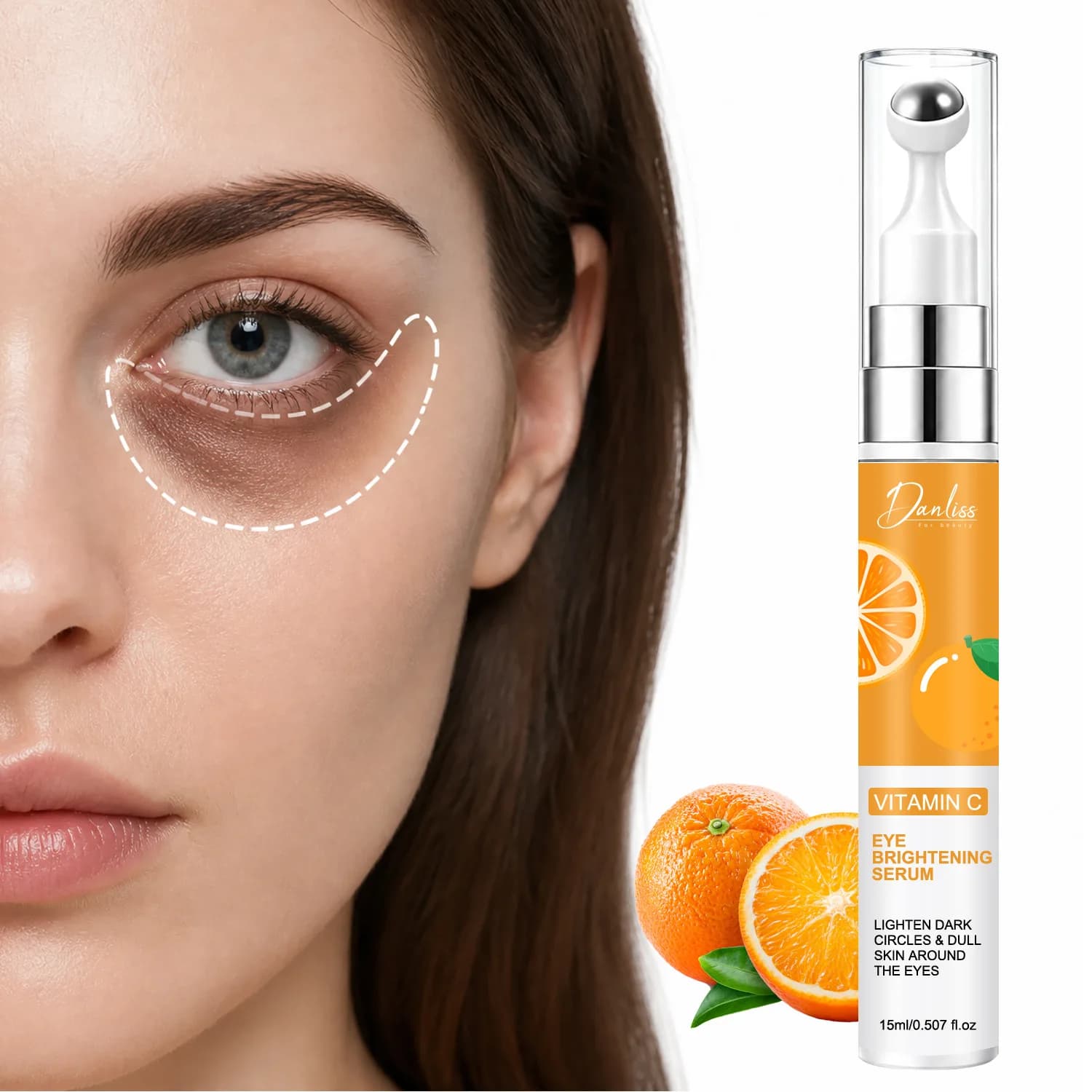 Danliss Vitamin C Eye Brightening Serum with Roller Ball -Natural Orange Essence for Dark Circles, Anti-Aging Wrinkle Remover.