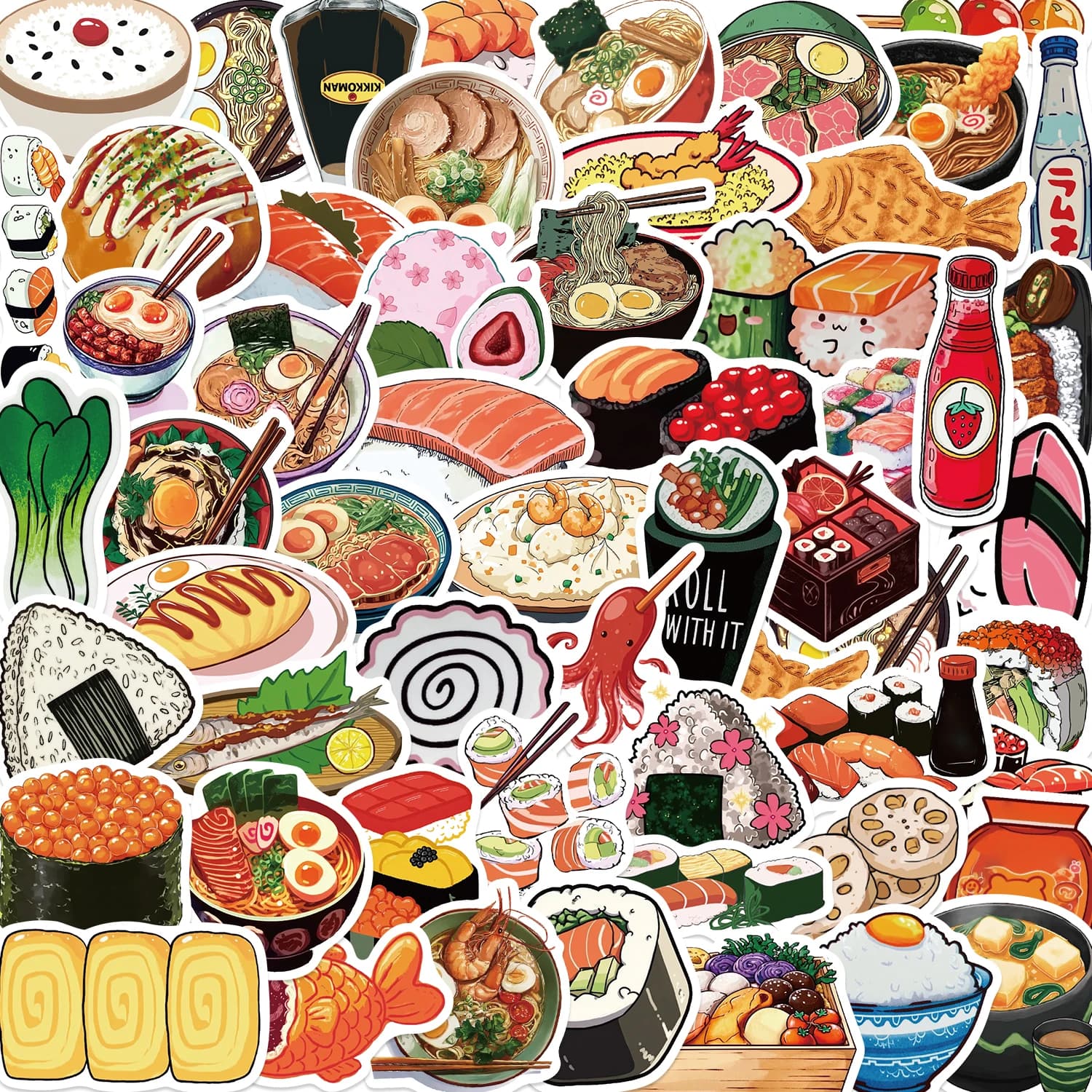 50 Adesivi con Motivi Culinari Coreani e Giapponesi per Quaderni, Bottiglie d'Acqua, Valigie, Festival Gastronomici, Ristoranti, Impermeabili in PVC