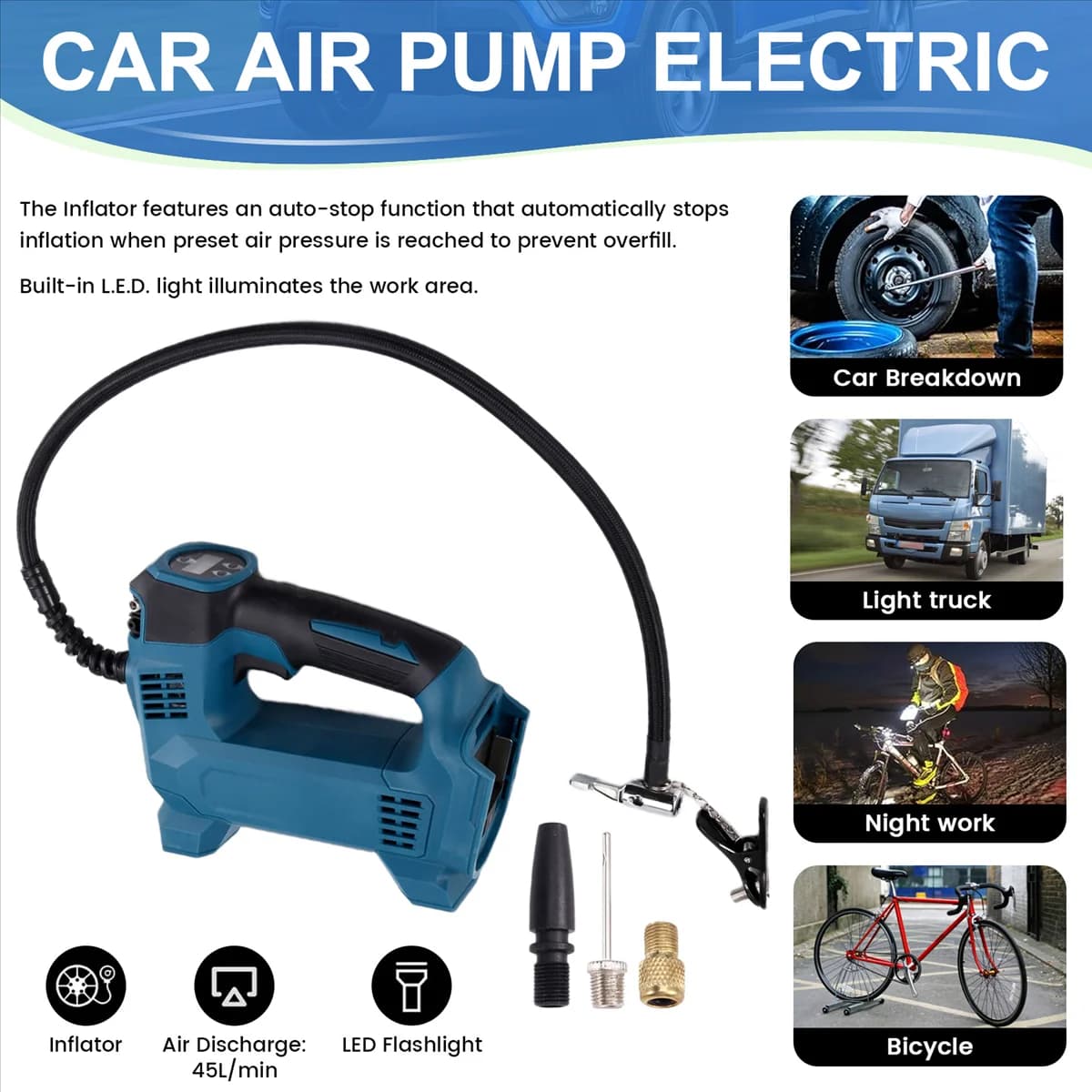 【Hot&Price】 Gonfiatore d'aria portatile per compressore d'aria per pneumatici per auto/moto/bicicletta Pompa elettrica senza fili per batteria Makita 18V