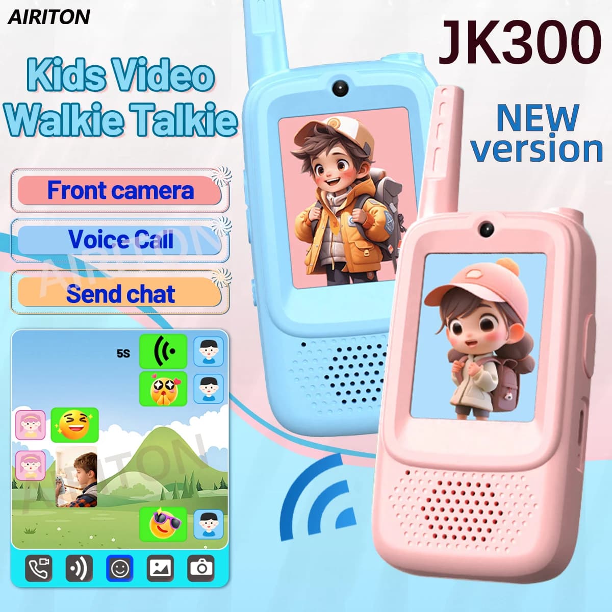 2PCS AIRITON JK300 Video per bambini Walkie Talkie Selfie Invia voce Foto Emoticon Per I Bambini Regalo Delle Ragazze Dei Ragazzi JK200 Nuovo aggiornamento