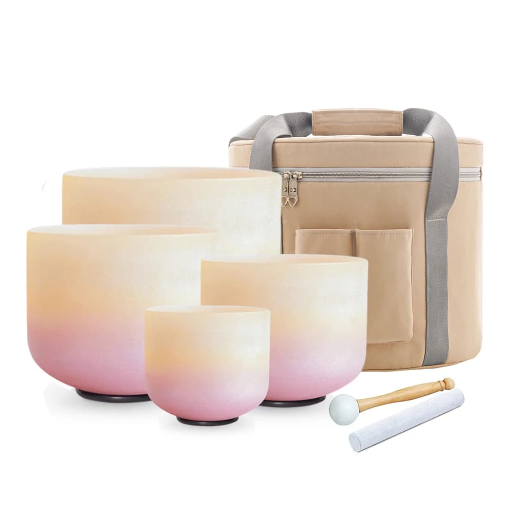 Hye-eun Sunset 4pcs Quartz Crystal Singing Bowl Chakra Set 440hz/432hz Relaxation Meditation Healing Bowls with Beige Bag