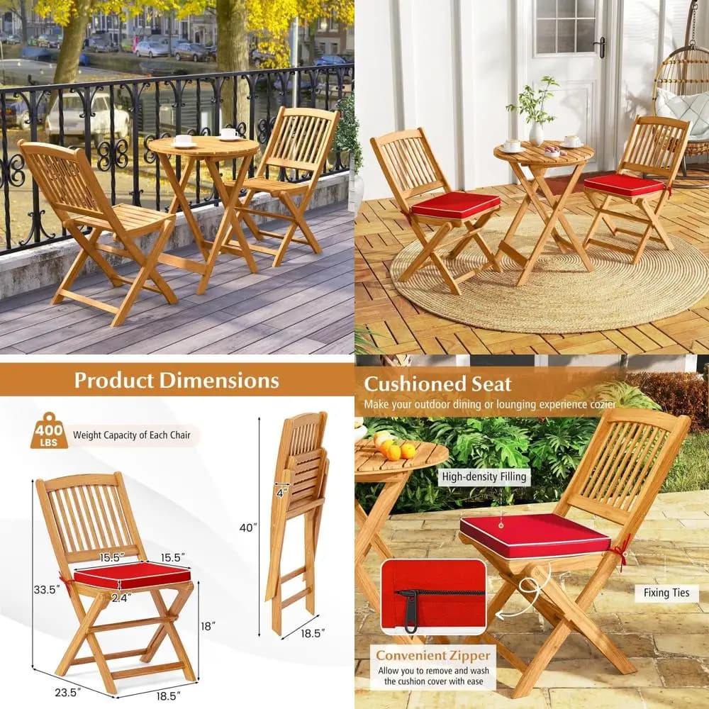Sedie da pranzo da esterno in legno di acacia con cuscini, schienali a doghe, ideali per patio, portico, terrazza e giardino (Rosso, confezione da 2)