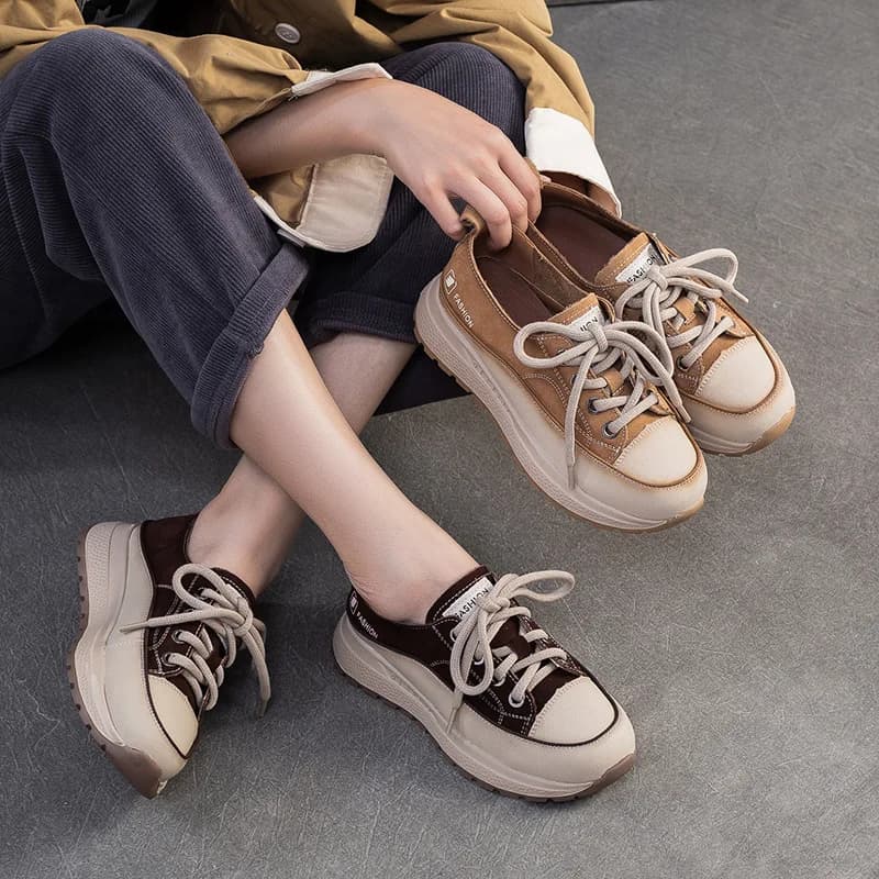 2026 3.5cm Cow Suede Genuine Leather Round Toe Pumps Pumps Loafer Platform Wedge Flats Elthnic Retro Comfy Shoes Women Lace Up