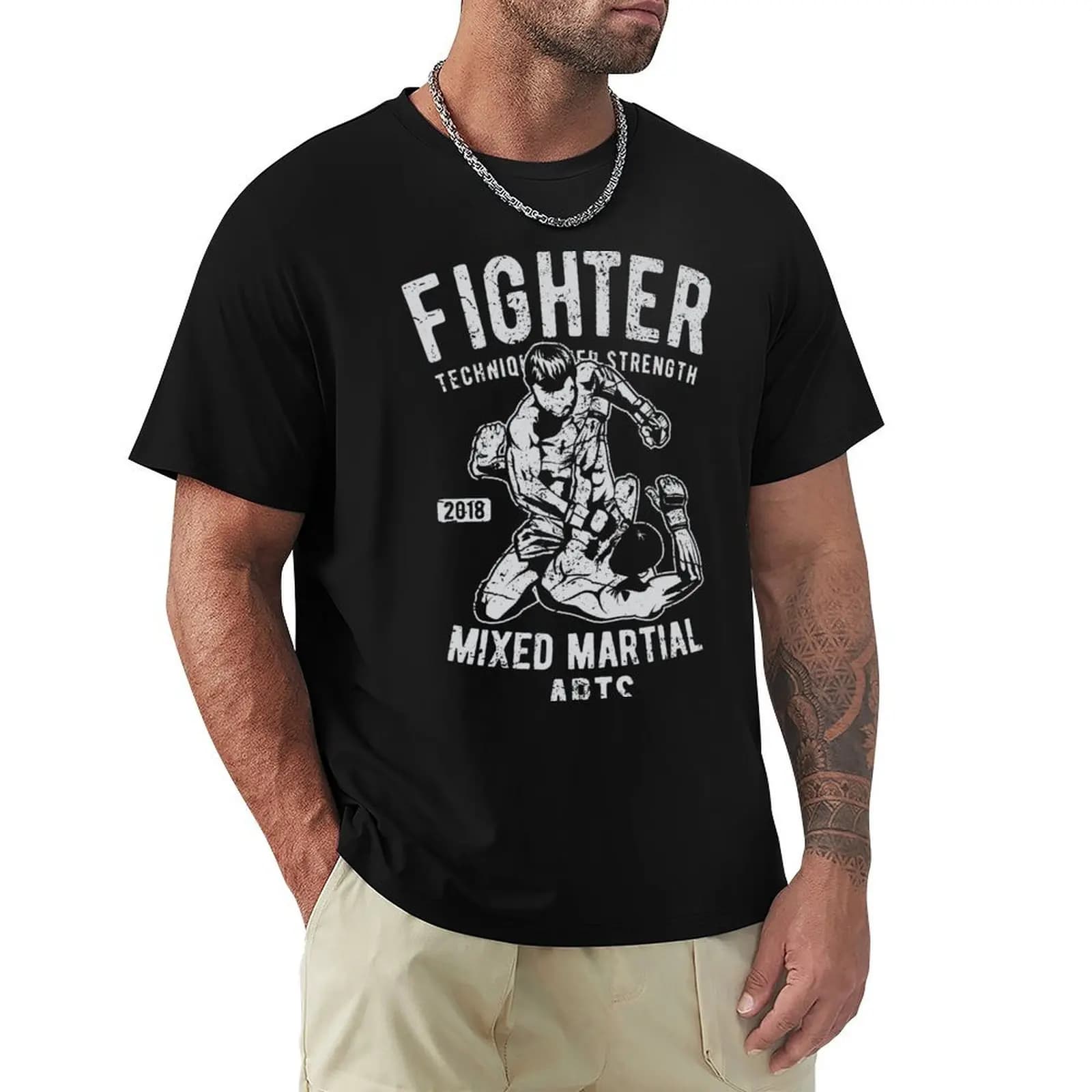 Fighter. Technique. Strength. Mixed Martial Arts. T-Shirt Running Gym Short Sleeve Sports Tee