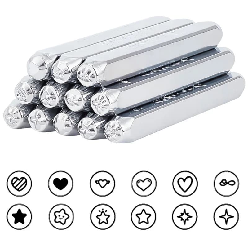 12pcs 3mm Metal Stamp Punch Set Heart Star Pattern Design Carving Embossing Stamp for Metal Jewelry Leather and Wood Printing