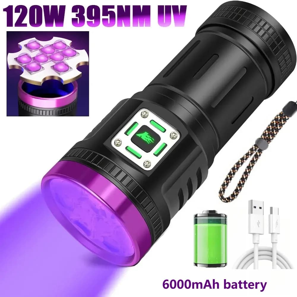 9-Core 395nm UV Flashlight Type-C Rechargeable Black Light Torch Portable Ultraviolet Lamp For Pet Urine Detector Money Check