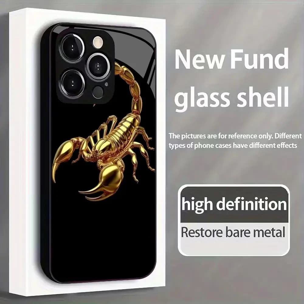 Custodia per telefono in vetro temperato Golden Scorpion adatta per iPhone 17 16 15 14 13 12 11 Pro/Max/Plus anti-impronta e anti-macchia