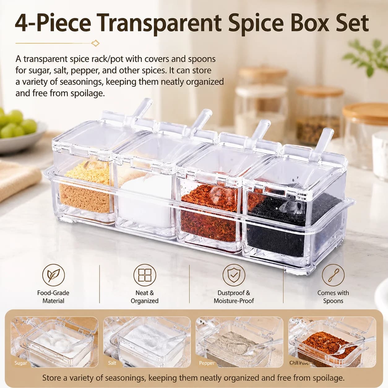 4pcs Clear Spice Jar Set with Serving Spoons And Tray Durable Sealed Food Grade PS Containers for Pepper And More Perfect