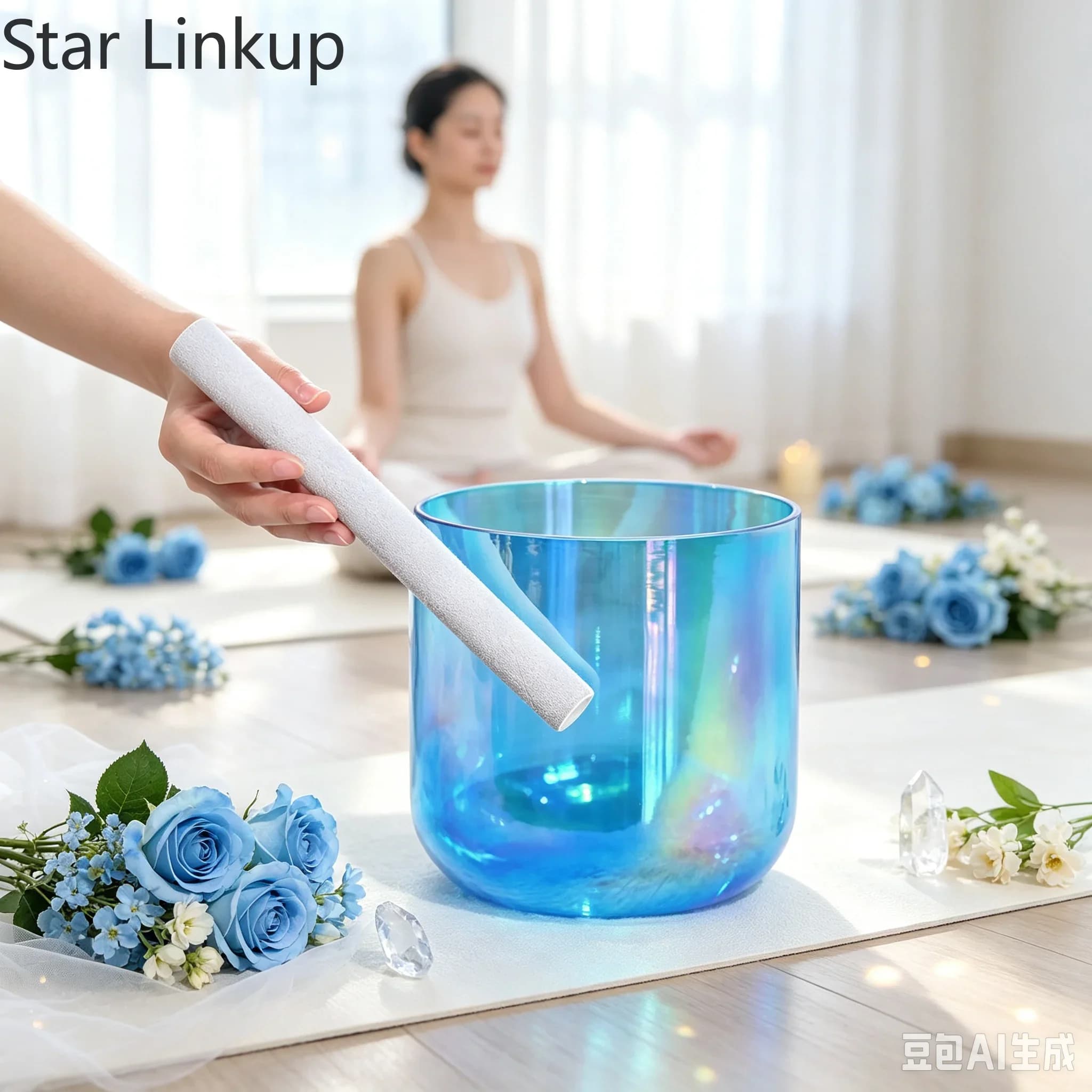 STAR LINKUP 7 Inch Cosmic-Light Blue Alchemy Clear Quartz Crystal Singing Bowl Sound Therapy Healing Percussion Bowl with Mallet