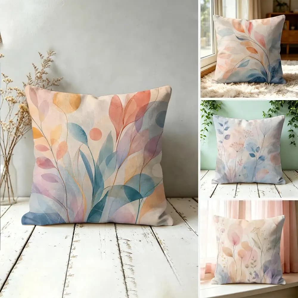 Blue Pink Orange Leaf Pattern Pillow Case Double-Sided Plush Sofa Cushion Covers Organic Breathable Invisible Zipper