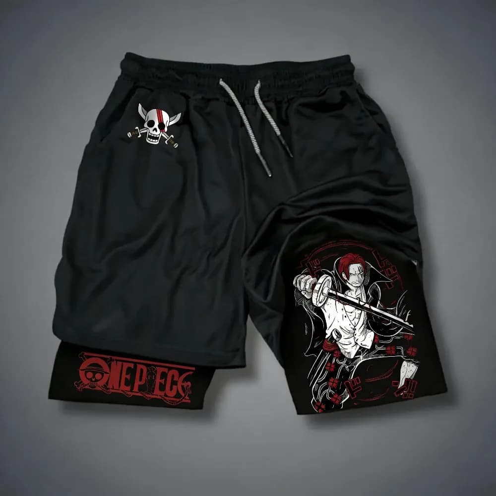 Pantaloncini a doppio strato stampati con anime classico ONE PIECE Shanks 2026, pantaloni sportivi unisex larghi e traspiranti per l'estate (USA)
