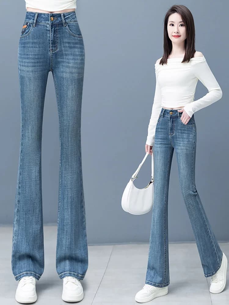 Jeans Skinny alla Moda a Vita Alta e Gamba Svasata, Sottili e Modellanti, Nuova Collezione Autunnale per Donna