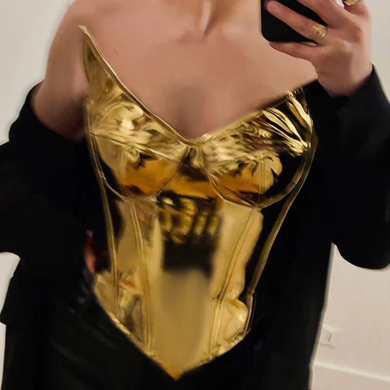 Tunica in pelle argento oro lucido Top Sexy Jazz Flying Vest donna Pole Dance Costume Nightclub Dj DS Stage Rave Outfits XS6245